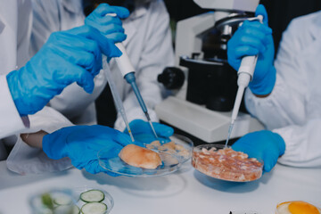 Team Asian scientists in a lab conducting food research using a microscope and lab equipment,...