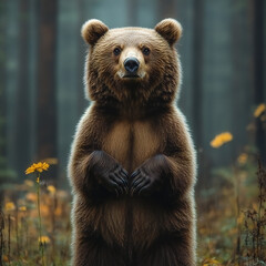 Obraz premium A brown bear standing on its hind legs in a forest, with trees towering in the background