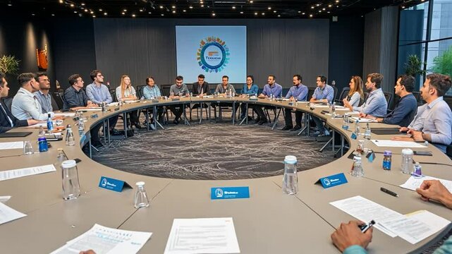 Roundtable Collaboration: A diverse group of professionals engage in a focused and productive meeting, seated around a large circular table, discussing and exchanging ideas to achieve a common goal.