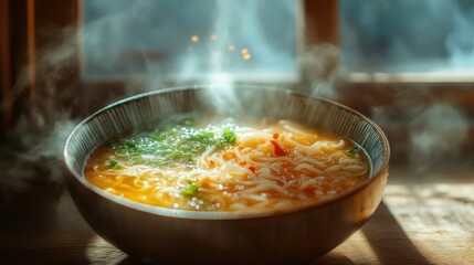 Steaming Hot Bowl of Noodle Soup with Fresh Herbs a Delicious and Comforting Meal