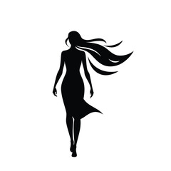 a black silhouette of a woman walking forward.eps