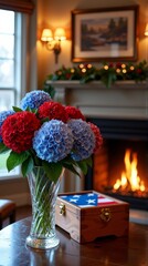 Patriot day floral arrangement by fireplace
