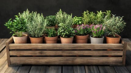 A rustic wooden crate filled with various potted herbs and flowers perfect for home decor or gardening