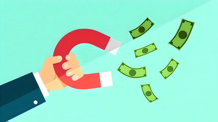 Hand holding a magnet attracts floating dollar bills in a playful and colorful illustration depicting wealth and financial prosperity