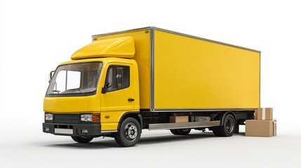 Bright yellow delivery truck parked with cardboard boxes ready for unloading in a spacious area