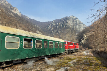 railway station with train against the backdrop of mountains in Bulgaria © lom742