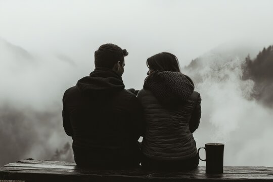 A couple sits on a bench overlooking a foggy mountain landscape, enjoying a moment of quiet contemplation.
