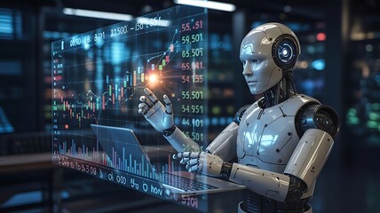 Digital robot with abstract bar code data and blue screen connection analyzing stock market trend