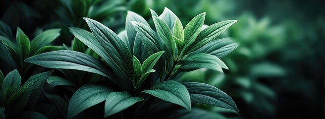 Fototapeta premium Lush Green Leaves with Water Droplets in Dramatic Lighting