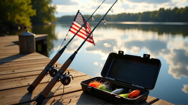 Fishing gear with american flag on dock - Powered by Adobe