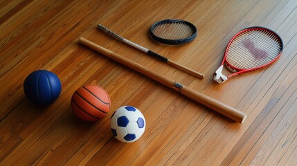 3D illustration of a table tennis ball and racket with various sports equipment