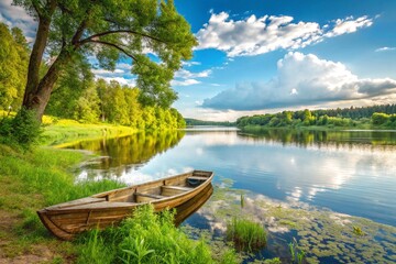 Naklejka premium Tranquil boat on a calm lake with reflections under a cloudy sky