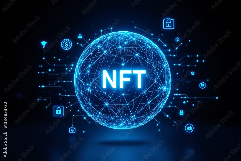 Poster Glowing NFT digital sphere with blockchain network connections.