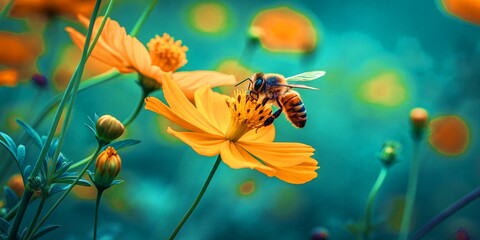Naklejka premium Bee collecting nectar from a flower in a spring garden