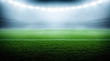 A dramatic view of an empty football field under bright lights.