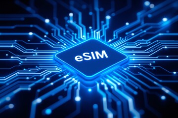 Futuristic eSIM technology concept with glowing circuit board connections.