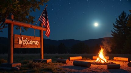 Patriotic welcome at night campfire gathering