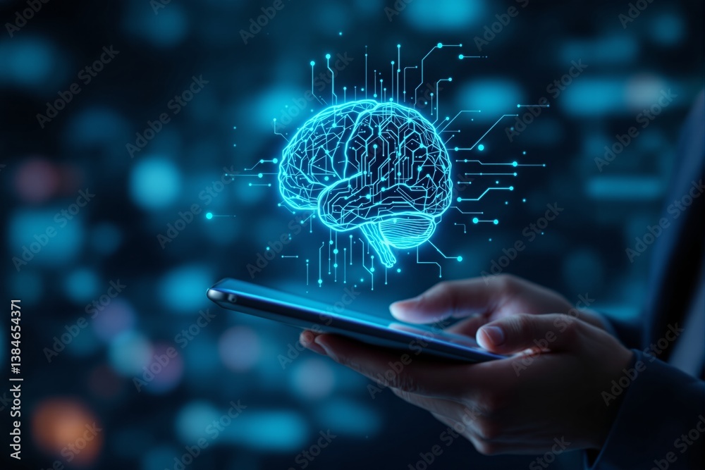 Poster digital brain with circuit connections above smartphone in hand.