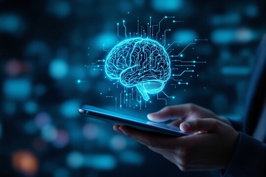 Digital brain with circuit connections above smartphone in hand.