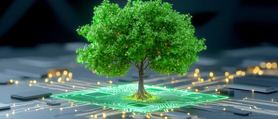 A tree growing on a circuit board, symbolizing eco-innovation.