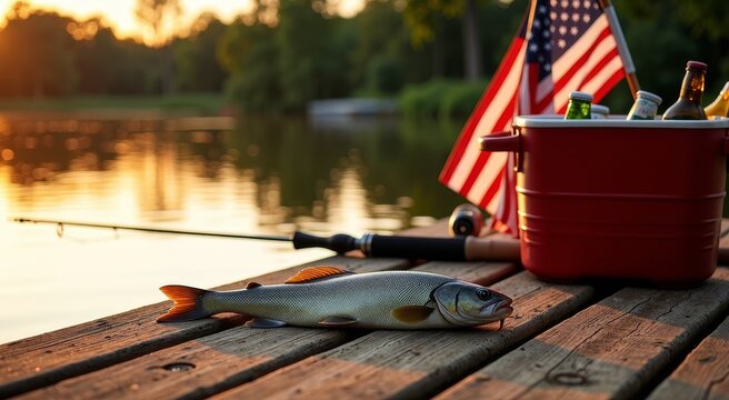 Fishing and american flag on patriot day