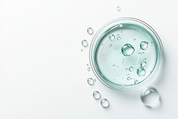 Clear water droplets on a white background in a glass dish.