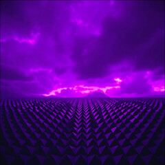 Fototapeta premium Futuristic surreal landscape with glowing purple sky and geometric pyramid pattern foreground, sci-fi digital artwork, abstract fantasy scenery with neon illumination and dramatic clouds at sunset