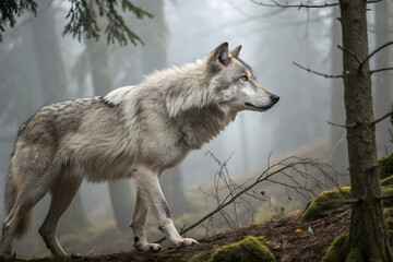 Obraz premium A lone grey wolf strides silently through a misty forest, golden eyes glowing with focus, its dense fur blending seamlessly with the haunting, fog-covered woods
