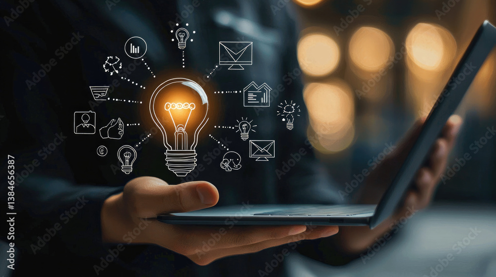 Aufkleber person holding laptop with glowing light bulb and various icons representing ideas and communication. image conveys innovation and creativity in technology