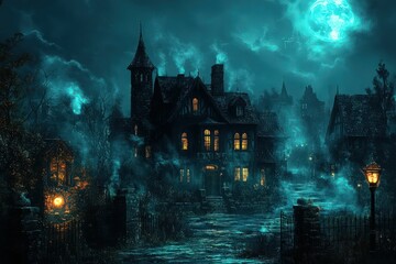 Obraz premium Eerie mansion glows under a mystical moon.