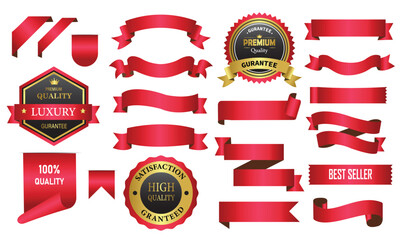 Gold badges and ribbons. Best quality premium golden badges and labels vector set. Premium quality stamp, red ,blue,gold labels and best offer badges collection
