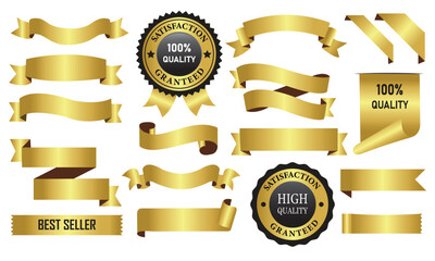 Gold badges and ribbons. Best quality premium golden badges and labels vector set. Premium quality stamp, red ,blue,gold labels and best offer badges collection
