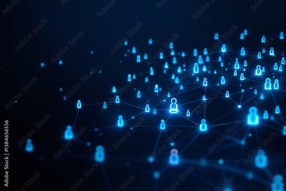 Poster digital network of glowing blue human icons connecting through lines.