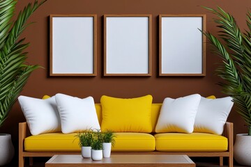 Fototapeta premium Cozy living room with yellow sofa and three empty frames.