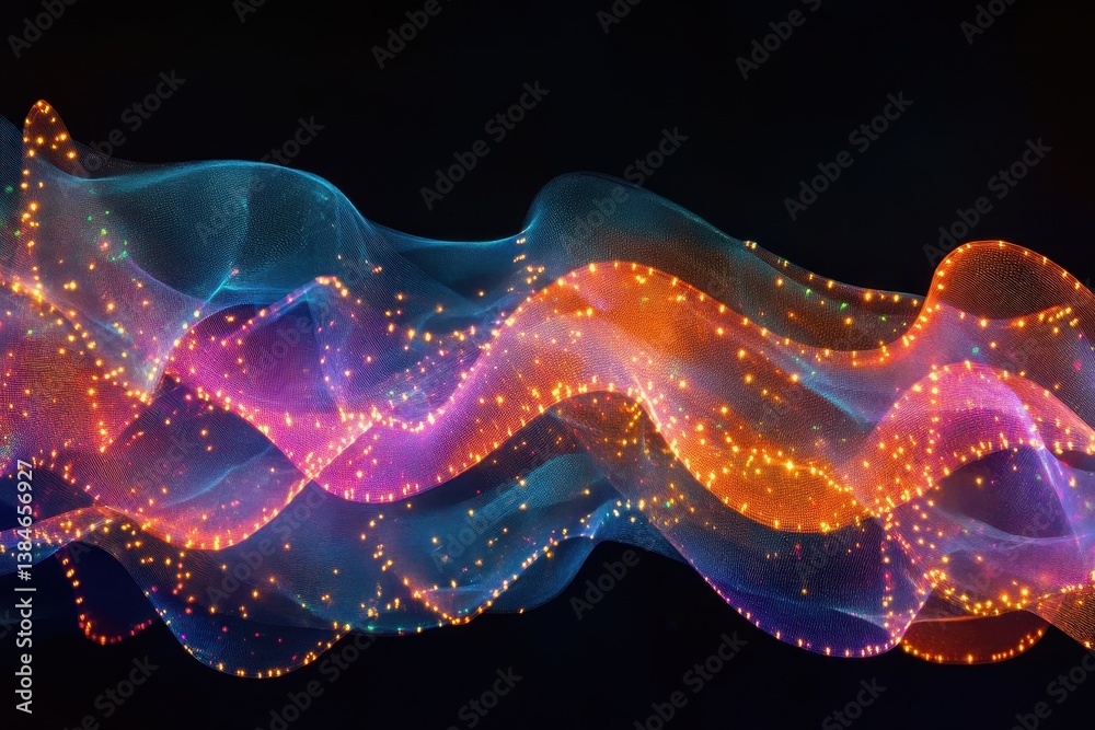 Poster Smoke veils gracefully twist under vibrant lights creating a mesmerizing visual display, Rotation of the smoke veils under the lights on a black background