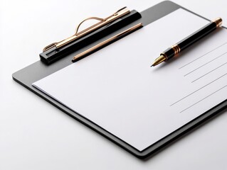 Elegant workspace with clipboard and pen on a clean surface.