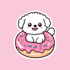 Cute cartoon dog enjoying a delicious pink donut with colorful sprinkles