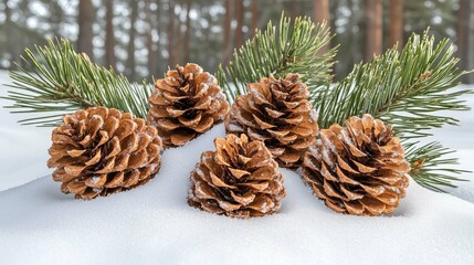 Fototapeta premium Winter Wonderland: Pinecones in the Snow. A captivating image of pinecones nestled in a bed of fresh snow, surrounded by pine branches. Perfect for winter holidays and nature lovers.