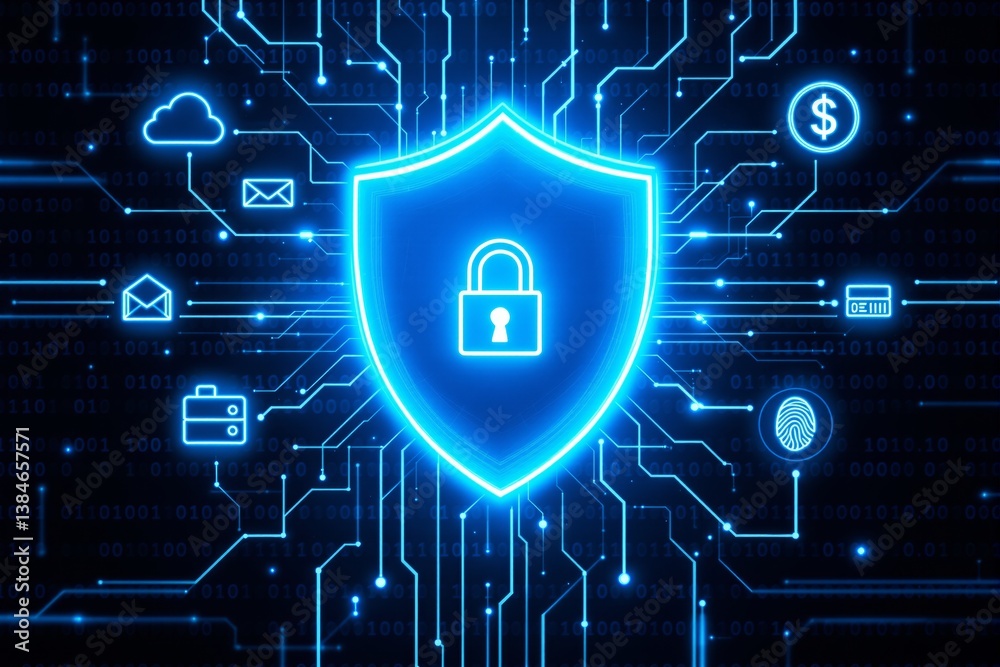 Poster cybersecurity digital shield with lock icon and circuit connections.