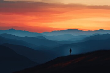 Fototapeta premium A lone figure silhouetted against a breathtaking sunset over rolling, layered mountains.