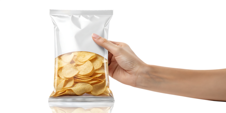 Hand Holding Transparent Potato Chips Bag – Isolated on White Background