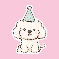 Cute Bichon Frise Puppy Celebrating a Birthday with Party Hat