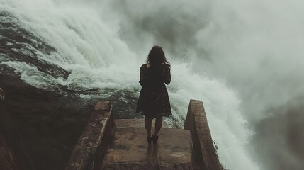 Obraz premium Woman Contemplating a Majestic Waterfall