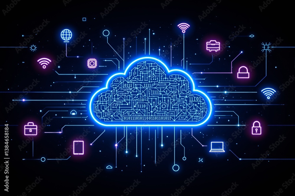 Poster Futuristic cloud computing concept with glowing circuit cloud and digital connections.