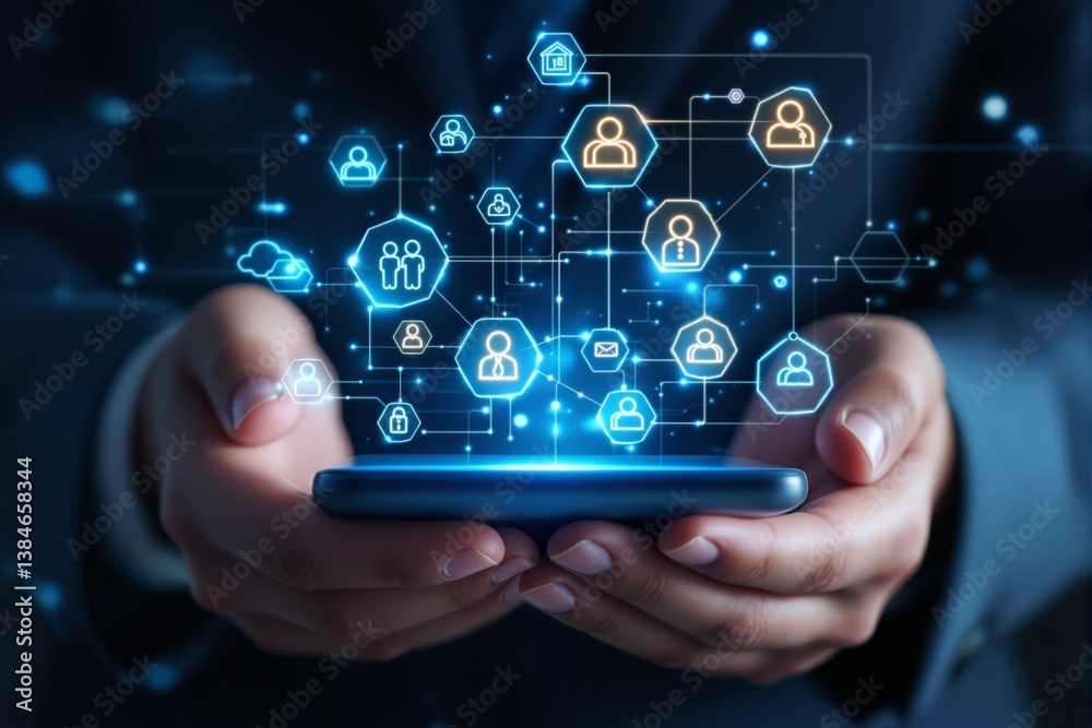 Poster Digital networking concept with glowing icons floating above a smartphone in hands.