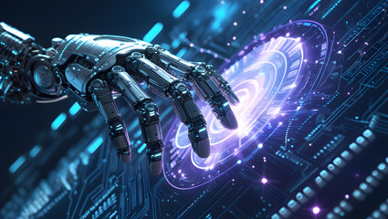 Futuristic Robotic Hand Interacting with Holographic AI Interface on Cybernetic Digital Background