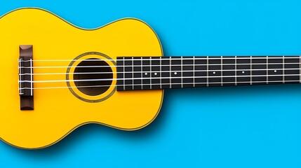 Fototapeta premium Vibrant Yellow Ukulele on Bright Blue Background with Clean Lines and Minimalist Design