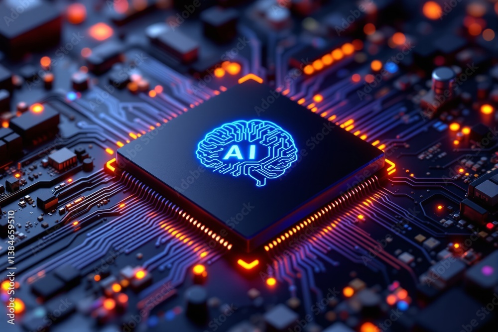 Poster Futuristic AI microchip with glowing circuits on motherboard.