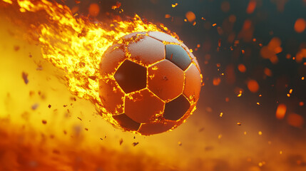 Fototapeta premium Soccer ball with fire tongues, vector football ball falling in flame blaze. Realistic 3d sport inventory, competition or tournament promotion, sports design element isolated on transparent background
