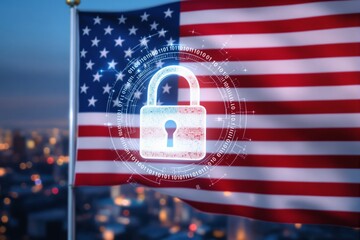 Cybersecurity concept with glowing digital padlock over the United States flag.